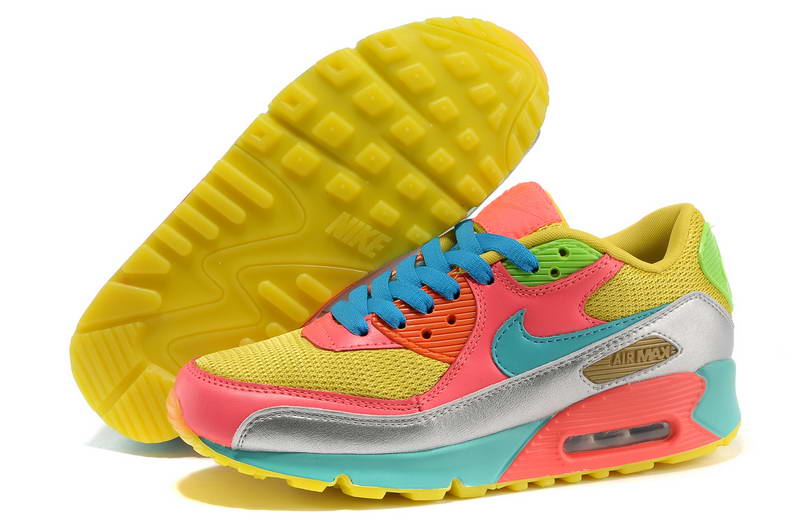 Nike Air Max 90 Chaussures Femmes Arc Bleu Rose Jaune